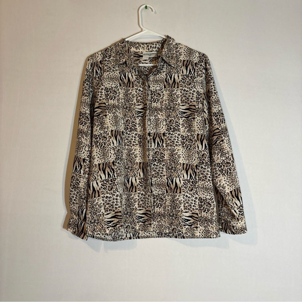 Alfred Dunner Beige and Black Animal Print Button-Down Shirt Size 12P